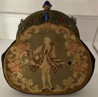 Antique Needlepoint Evening Bag Brass Tone Hardware Floral Figure 1930s • $49.99