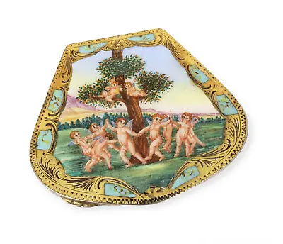 800 Silver Enamel Compact Cherubs Dancing Playing In Tree Faux Turquoise Italy • $425