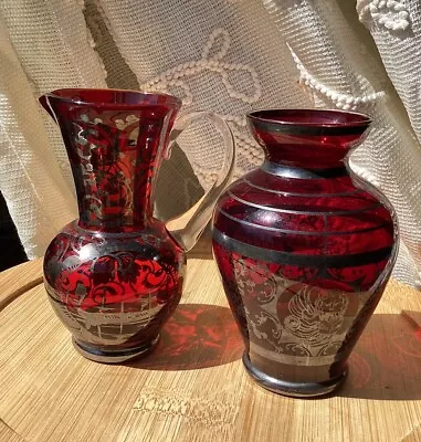 Venetian Ruby Glass Vase W/ Stunning Silver Overlay-Lion & Pitcher W/ Gondola • $32.99