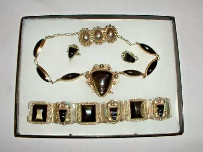 Vintage Mexican Sterling Silver And Obsidian Jewelry Set • $64.99