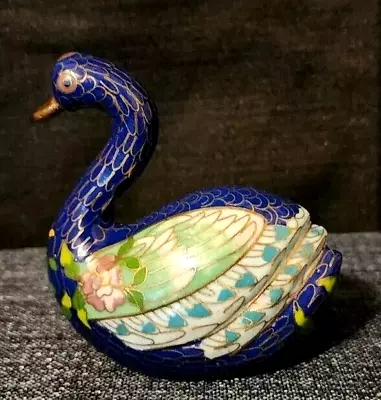 Floral Cobalt Blue Cloisonne Brass/Enamel Swan W/Multi Color Accents 3.5  • $19.99