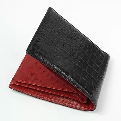 Mens Crocodile Ostrich Wallet Black Red Leather Bifold Wallet Card Money Purse • $88.35