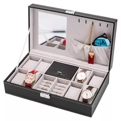 Beauty Jewelry Box 8 Slots Watch Organizer Storage Case With Lock And Mirror USA • $29.62
