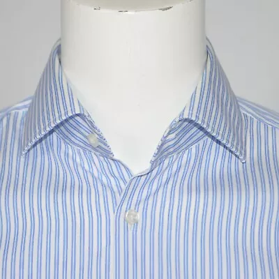 HUGO BOSS Sharp Fit Easy Iron Blue White Striped Cotton Dress Shirt 15.5 32/33 • $22.95