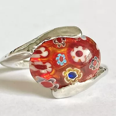 Murano Glass Cocktail Ring Size 6 Red Yellow Millefiori Flowers Silver Plated • $12.99