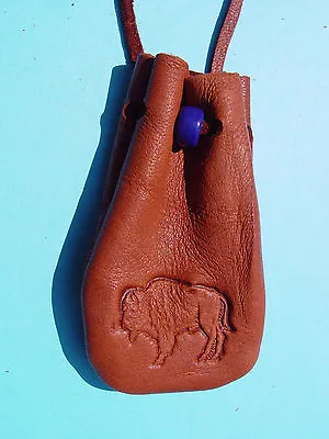 BUFFALO Bison Medicine Bag Buckskin Leather Pouch Necklace Brown 1015 • $11.95