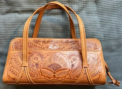 Vintage Large Hand Tooled Floral Brown Leather Mexican Purse Shoulder Bag EUC • $74.99