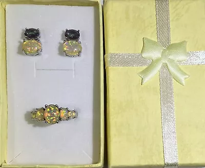 Beautiful Yellow Fire Opal Rainbow Mystic Topaz Earrings & Ring Size 8 Set • $15.99