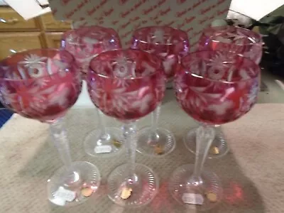 Set Of 6 Nachtmann Traube Cranberry Red 6 7/8  TALL Crystal WINE Goblets NIB • $500