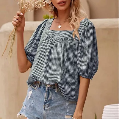 Summer Women Check Plaid Short Sleeve T-shirt Casual Loose Tops T Shirt Blouse • £12.99