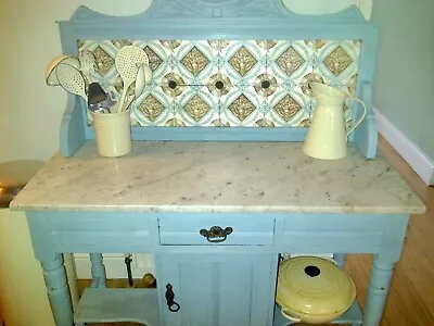 Antique Edwardian Painted Wood Wash Stand With Marble Top Cupboard & Drawer Unit • £100