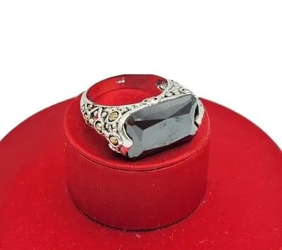 Vtg Ring Sz 9 Lg Black Cubic Zirconia Medieval Fashion 2-tone Jewelry Beauty • $49.99