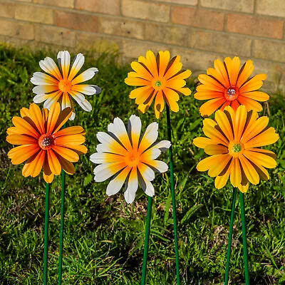 Woodside Yellow & Orange Ornamental Metal Garden Daisy Flower Stakes Pack Of 6 • £14.99