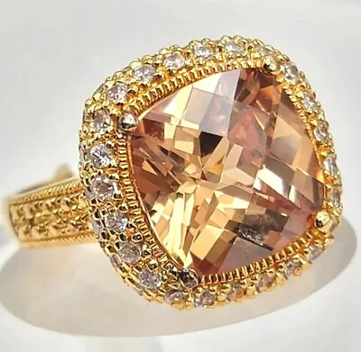 925 CHARLES WINSTON Ring Gold Plated Silver Faceted Champagne Halo Cushion Cut 8 • $64.08