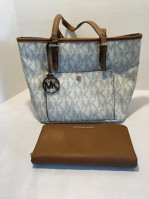 Michael Kors MK Monogram Tote Jet Set Medium Purse Shoulder Bag W/ Wallet • $64.99