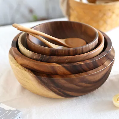 Round Wooden Fruit Salad Bowl Dinnerware Basin Container Kitchen Household Tool • $9.68