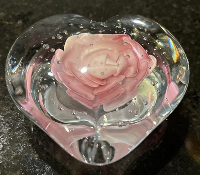 $14 • Buy Vintage Glass Paper Weight In Heart Design, With Enclosed Pink Rose