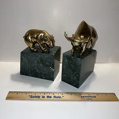 Vgt Gatco Bear & Bull Wall Street Solid Brass & Beautiful Green ￼Marble Bookends • $224.99
