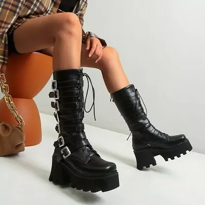 Punk Womens Platform Chunky Heels Knee High Boots Gothic Buckle Boots Shoes Size • $60.24