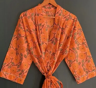 $36.29 • Buy Indian Orange Kitty Floral Kimonos Cotton Women's Clothing Kimonos Bath Robes AU