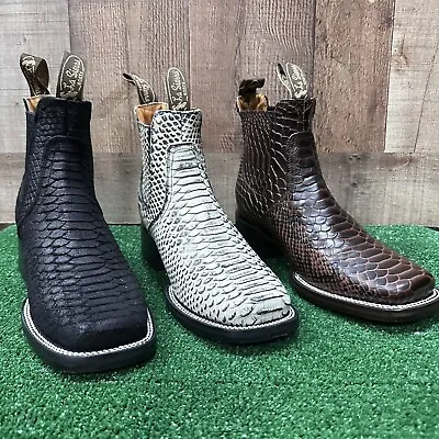 Men's Leather Python Print Western Style Cowboy Rodeo Slip On Ankle-square Boots • $134.39