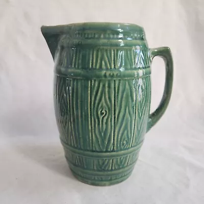 VTG Medalta? Green Barrel Pitcher Jug Yellow Ware Farmhouse Country Cottage Core • $35.99