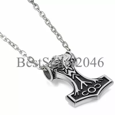 Thor's Hammer Viking Amulet Mjolnir Stainless Steel Pendant Chain Necklace • $9.99