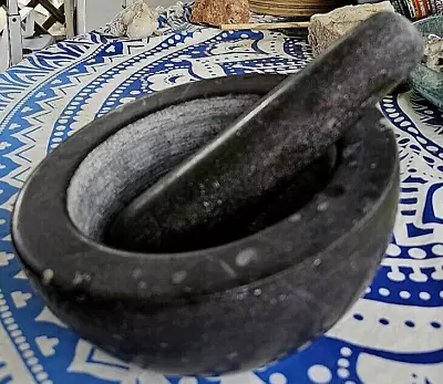 Large Mortar And Pestle Heavy Black Stone With Angled Bottom 8  Diameter 10 Lbs. • $39.75