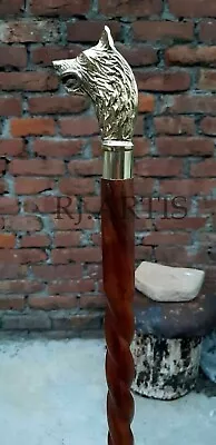 Handmade Wolf  Walking Stick Cane Vintage Head Carved Gold Men's Cane Stick GIFT • $34.99