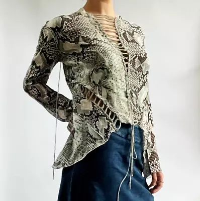 £225 • Buy ROBERT CAVALLI UK 8 Light Blue Snakeskin Print Lace Up Detailing Silk Blouse
