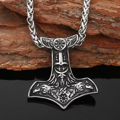 Men's Stainless Steel Nordic Viking Raven Thor Hammer Mjolnir Pendant Necklace • $4.99