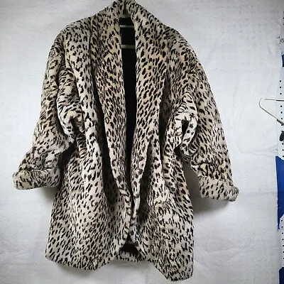 Faux Fur Leopard Swing Coat Sz L Flare Vtg Cheetah Animal Mob Wife Aesthetic 80s • $98.95