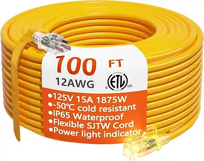 12/3 Gauge Heavy Duty Outdoor Extension Cord 100 Ft Waterproof With Lighted End • $59.84
