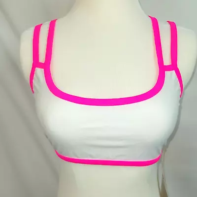S/M Hot Pink White String Bra Top Rave Dance Party Crop Vest EDC Club Lace Up • $16.19