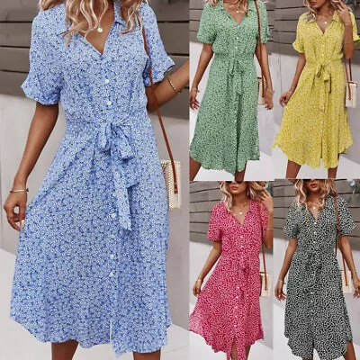 Women Sundress Short Sleeve Floral Dress V Neck Lace Up Holiday Dresses Fashion • £18.20