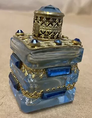 Antique Vintage Czech Blue Jeweled Glass & Filigree Brass Perfume Bottle • $74.99