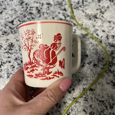 Vintage Vitrock LITTLE BO PEEP Nursery Rhyme Mug - Red On White Milk Glass • $5.40