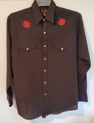 Vintage Western Cowboy Pearl Snap Rose Shirt Men M Black Long Sleeve Rockabilly  • $19.72