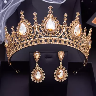 Baroque Headdress Bridal Crown Sets Champagne Tiaras Earrings Sets Accessories • $26.82