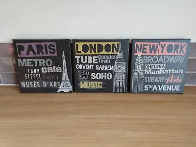 Three Printed Canvas London Paris New York Pictures Wall Art.  Vgc. • £26.99