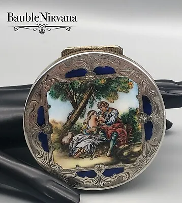Vintage 800 Sterling & Enamel Italian Compact Gold Gilt Hand Painted Lovers Park • $399.99