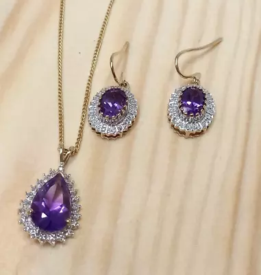 9ct Yellow Gold Amethyst Diamond Necklace & Earring Set • $877.75