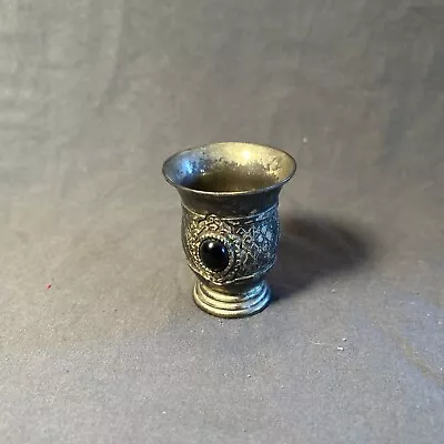 Vintage Silver Coated Brass Trinket Cup With Black Gem • $4