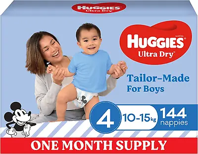 $83.31 • Buy Huggies Ultra Dry Nappies Boys Size 4 (10-15Kg) One Month Supply 144 Count