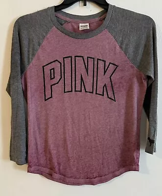 Victoria Secret PINK Shirt Baseball Tee Raglan Maroon/Gray Size Small • $12.99