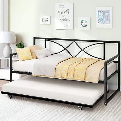Twin Daybed Metal Day Bed W/Adjustable Height & Pull Out Trundle For Living Room • $159