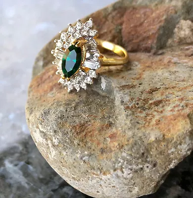 Vintage Designer Blanca Green Emerald & Diamond Gold Costume Jewelry Ring 8 • $17