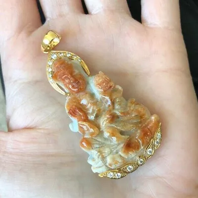 14K Solid Yellow Gold Lady Buddha Quan/Kwan Yin Red Carving Jade Pendant -P363 • $998