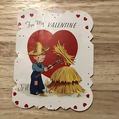 Vtg Die Cut Valentine Day Card Cute Boy Pitchfork Hay “I’m Pitching To Make You • $4.39