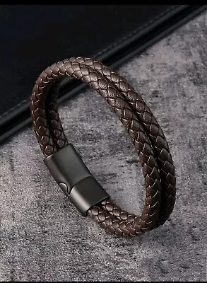 Men's Genuine Brown Braided Leather Double Wrap Bracelet Titanium Magnetic Clasp • £4.99